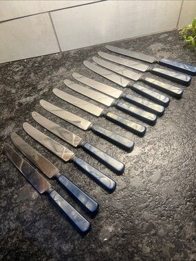 Vintage Set of 14 Peerless stainless Blue-Handled Table Knives. Iridescent